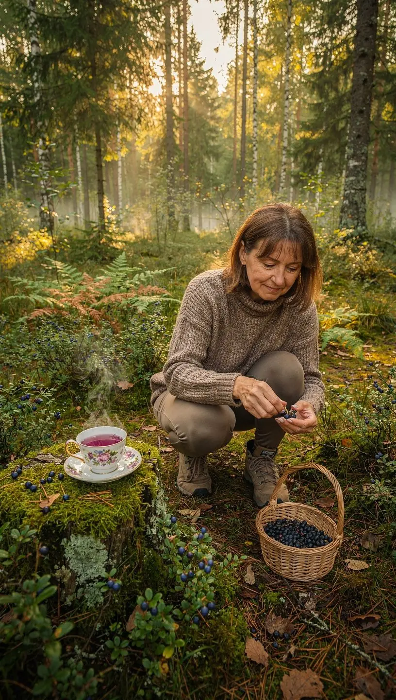 Arbatos ingredientų asortimentas, įskaitant šilauoges ir kitus vaisius.