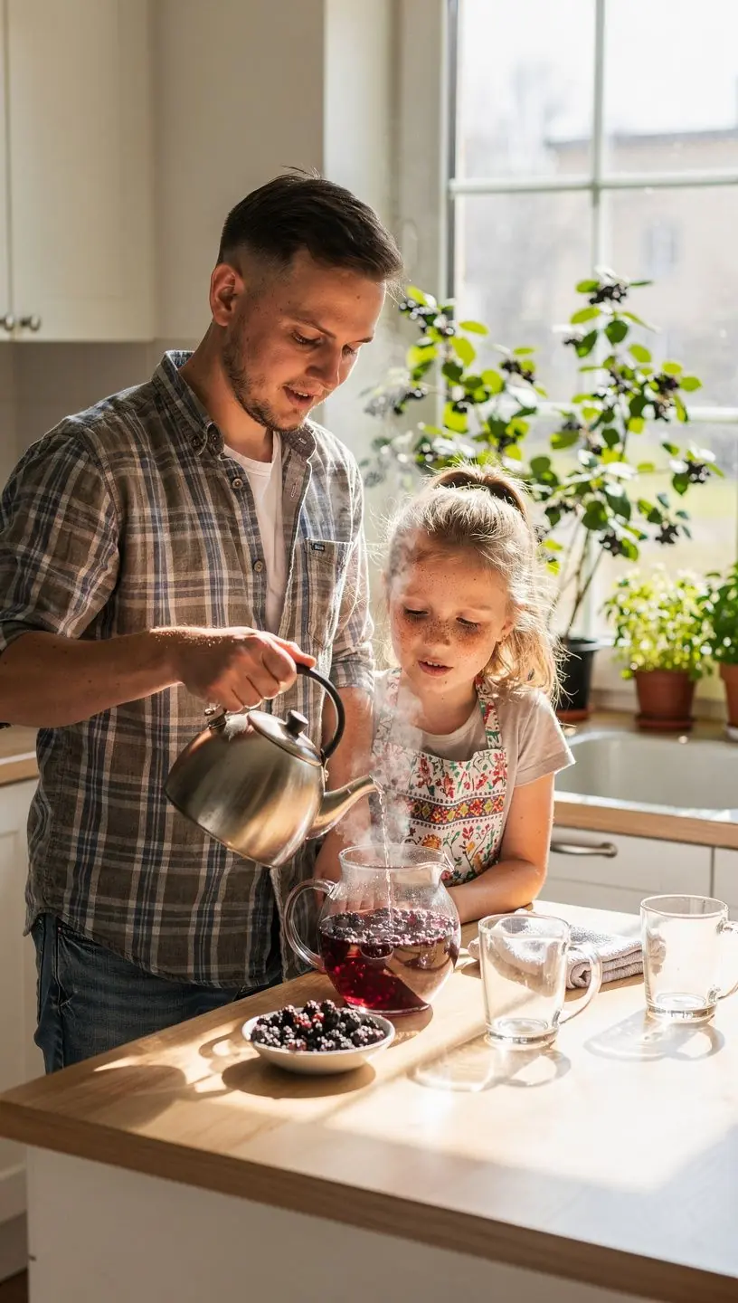 Šviežios mėlynės ant stalo šalia arbatos puodelio