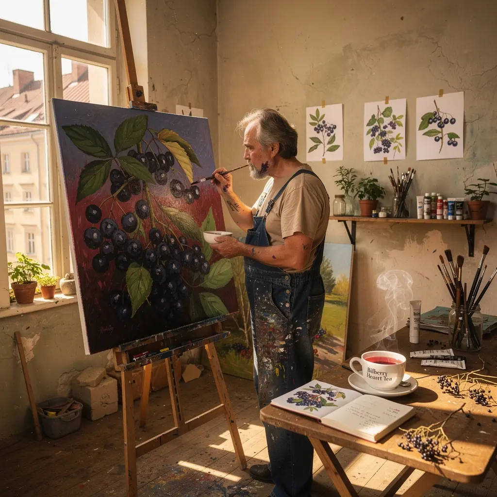 Širdies arbatos puodelis, apipintas mėlynėmis ir gaiviais žolelių lapais.