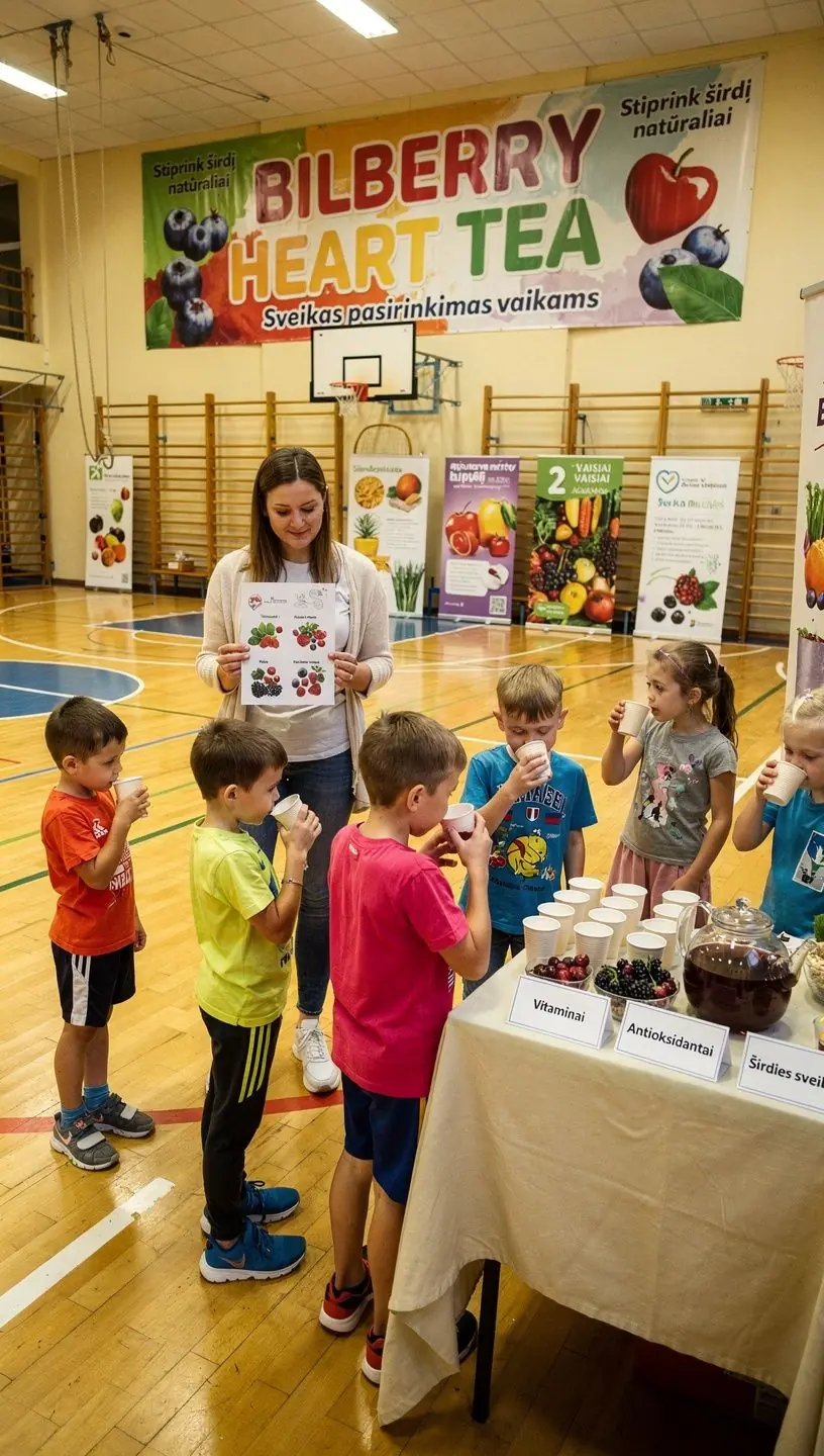 Širdies sveikatai skirtas arbatos puodelis su šviežiais vaisiais, simbolizuojantis sveiką gyvenimo būdą.