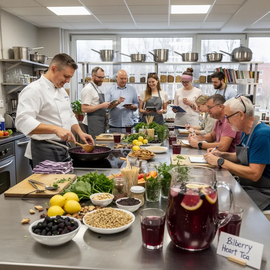 Mėlynių arbatos ingredientai, išdėstyti ant šviesaus paviršiaus, pabrėžia jų natūralumą ir šviežumą.